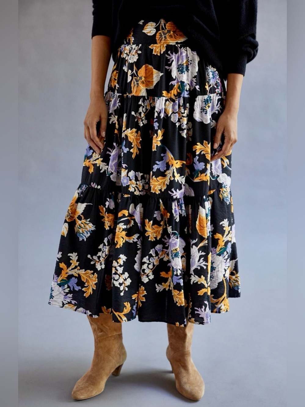 NWT Maeve by Anthropologie Tiered Maxi Skirt in Black & Purple Yellow Floral. XS